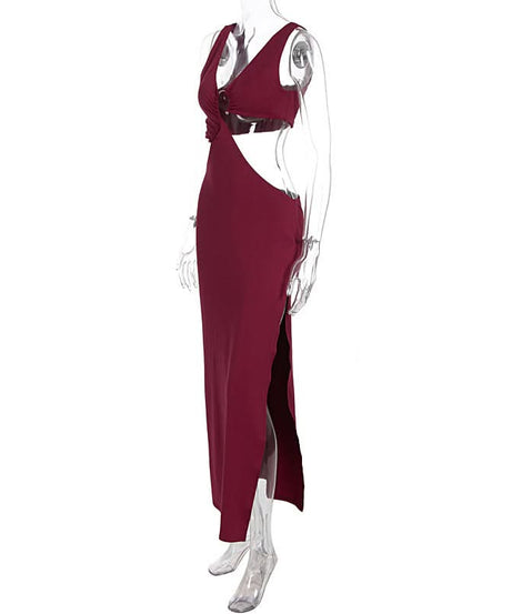 Daring Burgundy Cut-Out Maxi Dress | V-Neck & High Slit for Fall & Holiday Parties