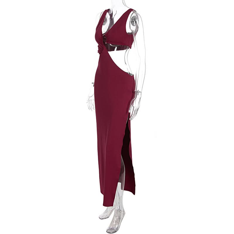 Daring Burgundy Cut-Out Maxi Dress | V-Neck & High Slit for Fall & Holiday Parties
