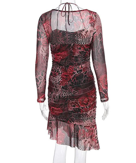 Dark Romance Floral Leopard Mesh Ruched Mini Dress - Fall Party & Date Night Glam