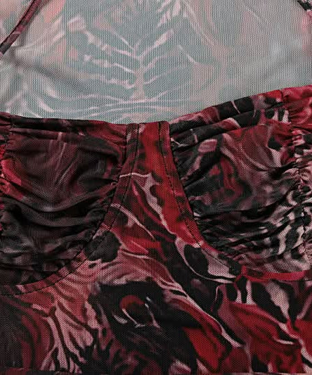 Dark Romance Floral Leopard Mesh Ruched Mini Dress - Fall Party & Date Night Glam