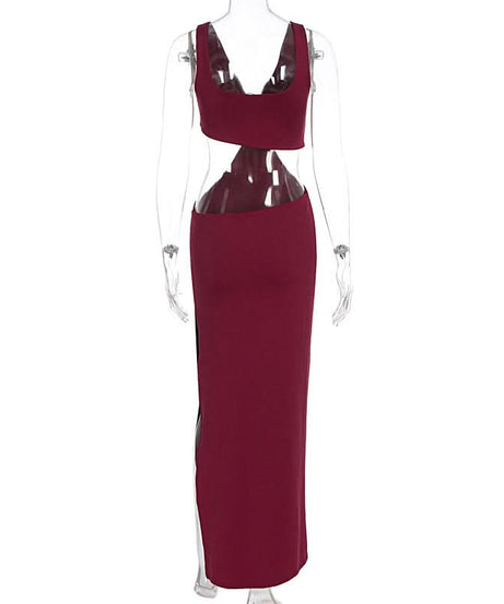 Daring Burgundy Cut-Out Maxi Dress | V-Neck & High Slit for Fall & Holiday Parties