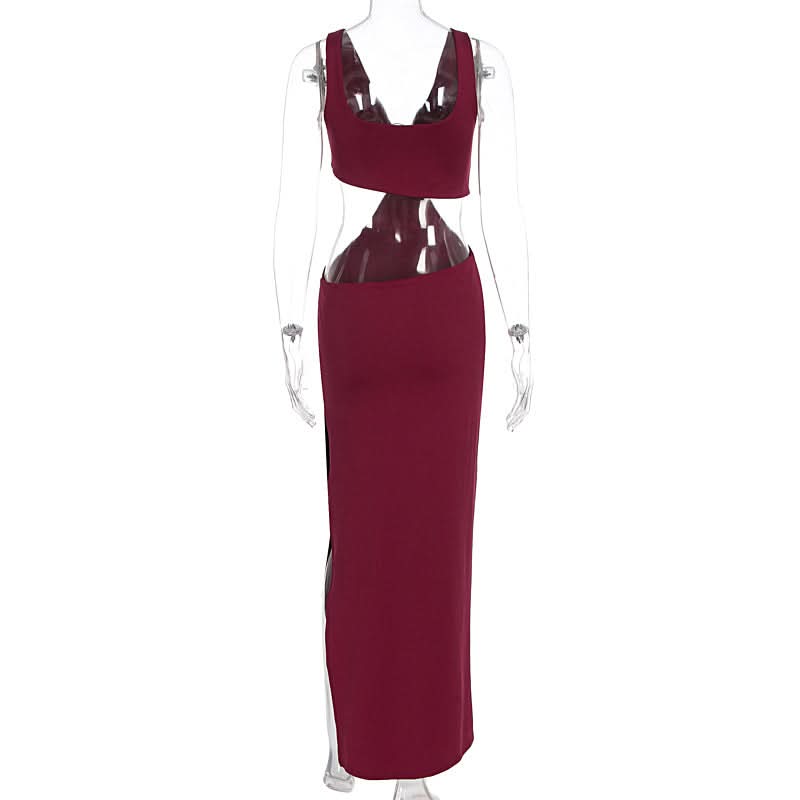 Daring Burgundy Cut-Out Maxi Dress | V-Neck & High Slit for Fall & Holiday Parties