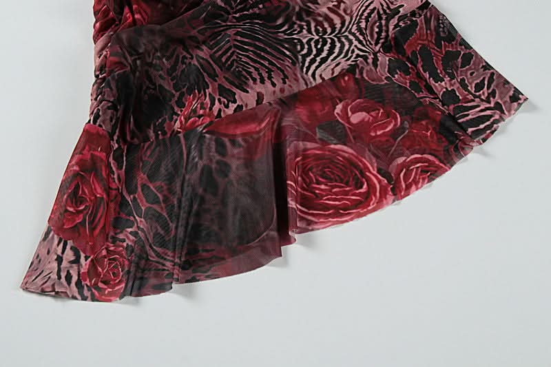 Dark Romance Floral Leopard Mesh Ruched Mini Dress - Fall Party & Date Night Glam