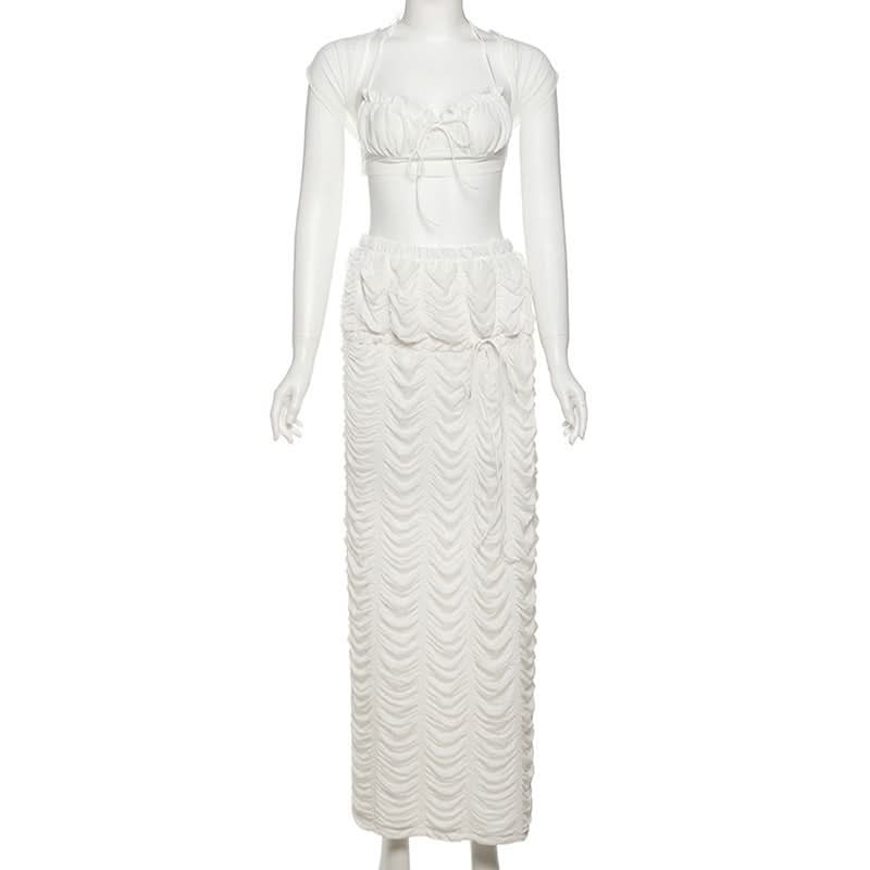 Boho Chic White Ruched Halter Maxi Skirt Set - Your Ultimate Vacation & Resort Essential