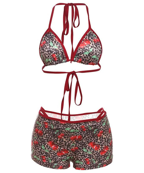 Wild Cherry Leopard Halter Bikini & High-Waisted Shorts Set – Your Go-To for Fall Getaways & Cozy Comfort