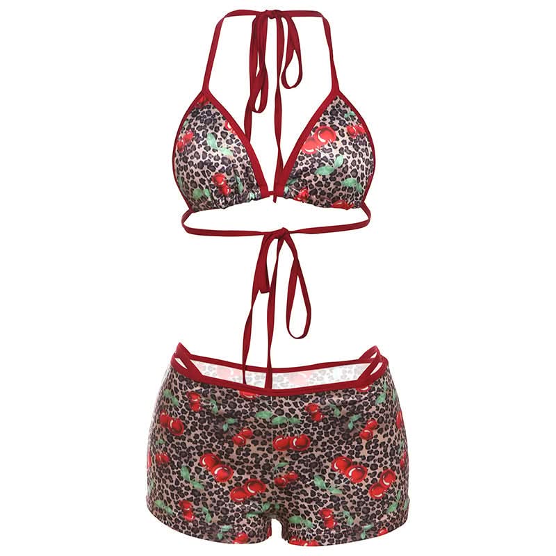 Wild Cherry Leopard Halter Bikini & High-Waisted Shorts Set – Your Go-To for Fall Getaways & Cozy Comfort
