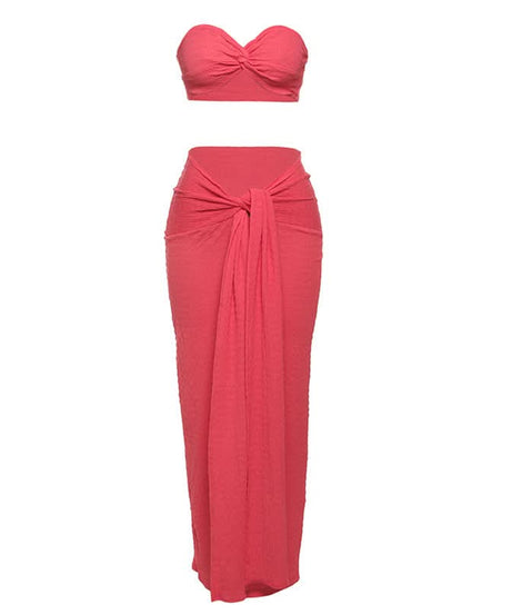 The 'Island Escape' Sunset Coral Textured Knot Two-Piece Set - Chic Bandeau Crop Top & Maxi Skirt for Fall Getaways