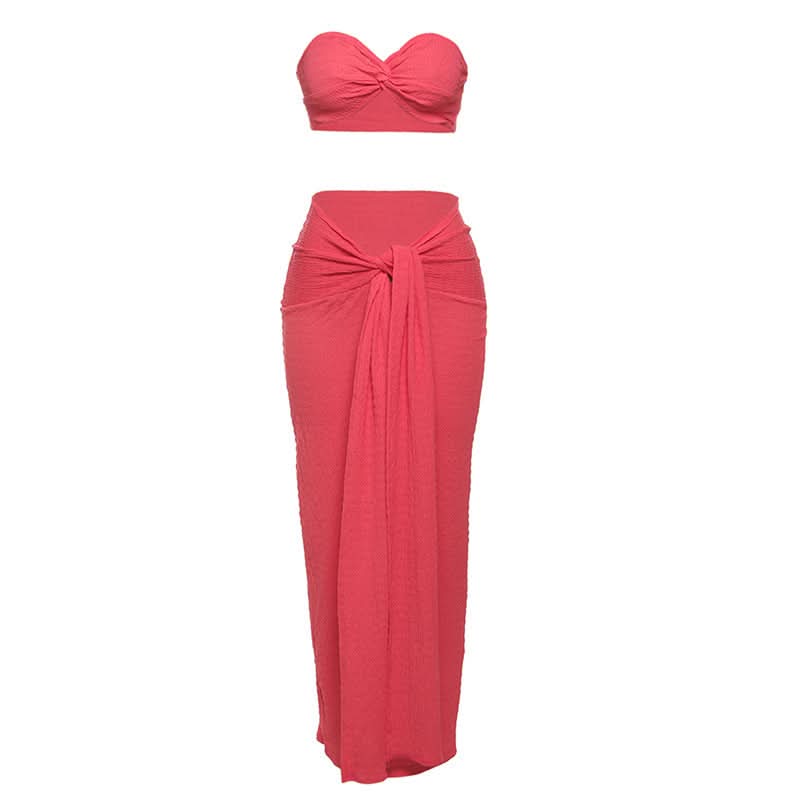 The 'Island Escape' Sunset Coral Textured Knot Two-Piece Set - Chic Bandeau Crop Top & Maxi Skirt for Fall Getaways