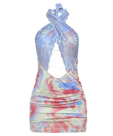 Head-Turning Marble Swirl Lace Halter Mini Dress | Ruched Bodycon Party Essential