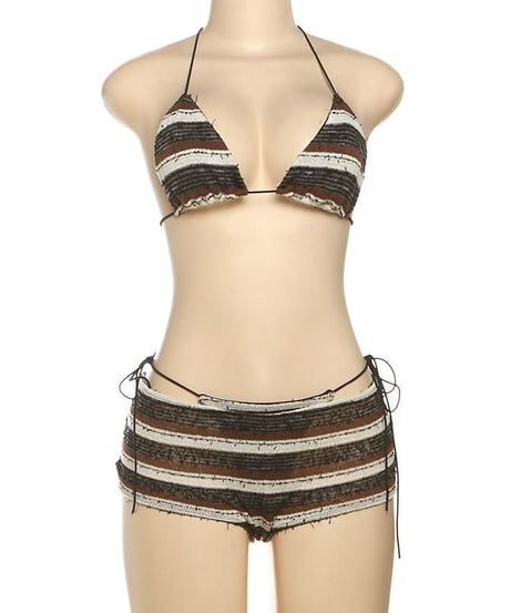 Cozy Knit Striped Halter Top & Shorts Set - Chic Resort Wear & Loungewear for Women