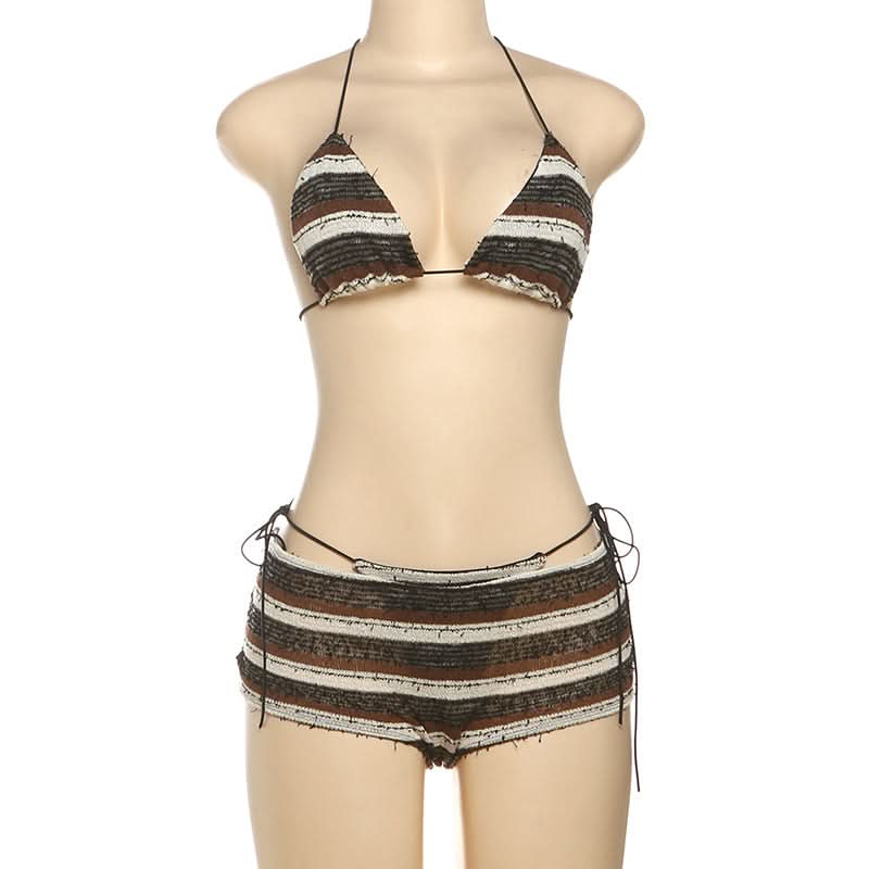 Cozy Knit Striped Halter Top & Shorts Set - Chic Resort Wear & Loungewear for Women