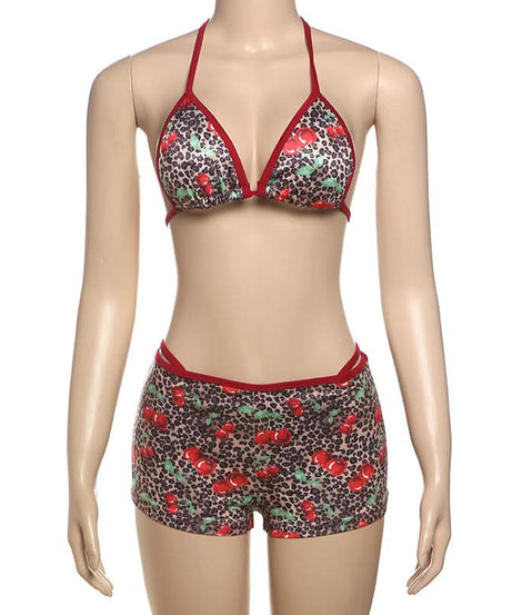 Wild Cherry Leopard Halter Bikini & High-Waisted Shorts Set – Your Go-To for Fall Getaways & Cozy Comfort