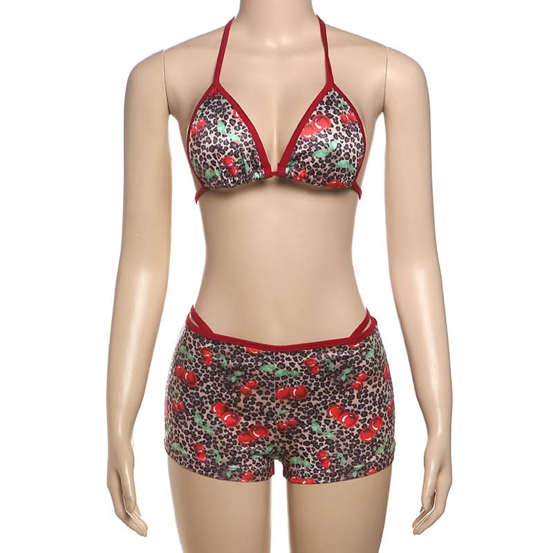 Wild Cherry Leopard Halter Bikini & High-Waisted Shorts Set – Your Go-To for Fall Getaways & Cozy Comfort