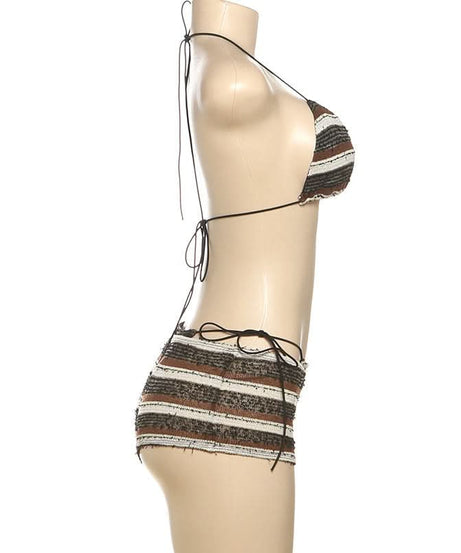 Cozy Knit Striped Halter Top & Shorts Set - Chic Resort Wear & Loungewear for Women