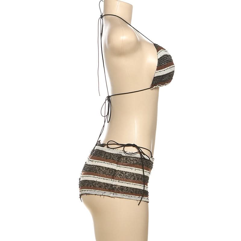 Cozy Knit Striped Halter Top & Shorts Set - Chic Resort Wear & Loungewear for Women