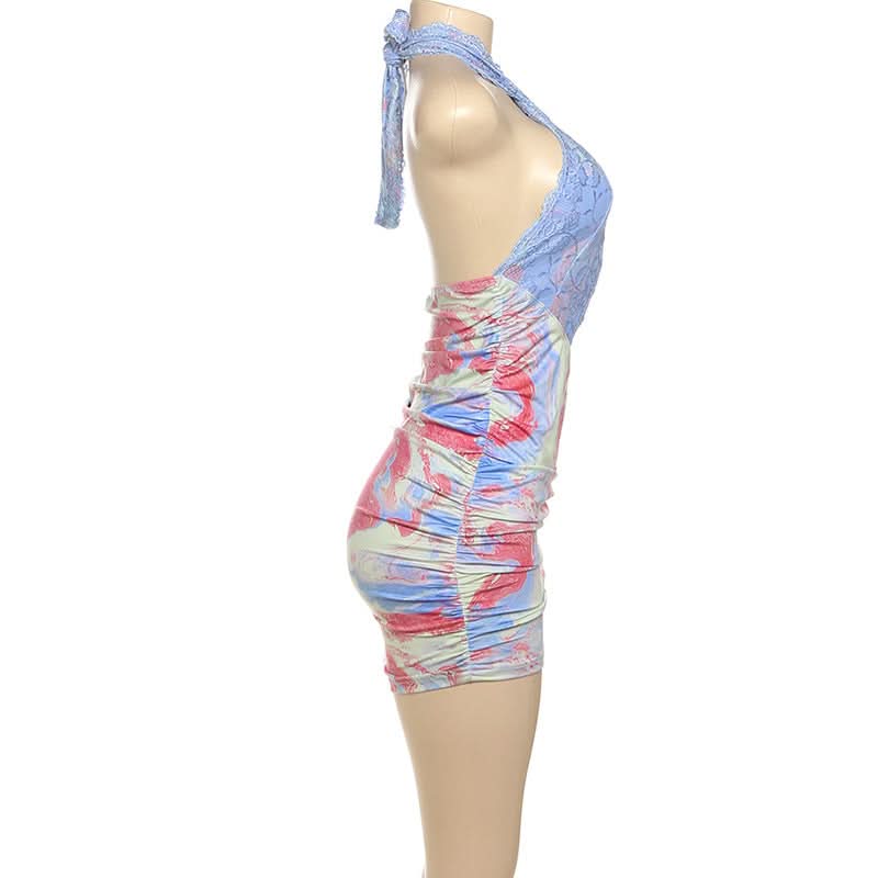 Head-Turning Marble Swirl Lace Halter Mini Dress | Ruched Bodycon Party Essential