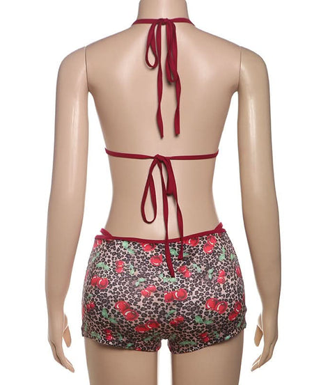 Wild Cherry Leopard Halter Bikini & High-Waisted Shorts Set – Your Go-To for Fall Getaways & Cozy Comfort