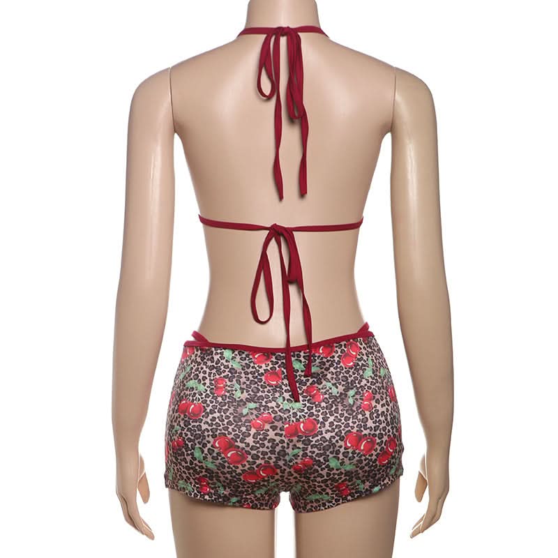 Wild Cherry Leopard Halter Bikini & High-Waisted Shorts Set – Your Go-To for Fall Getaways & Cozy Comfort