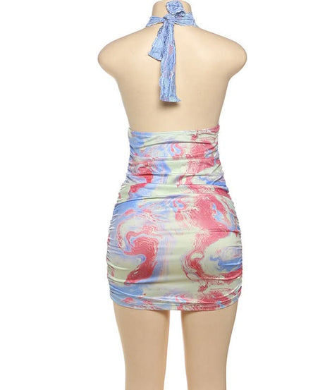 Head-Turning Marble Swirl Lace Halter Mini Dress | Ruched Bodycon Party Essential