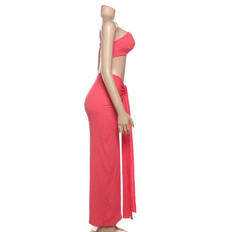 The 'Island Escape' Sunset Coral Textured Knot Two-Piece Set - Chic Bandeau Crop Top & Maxi Skirt for Fall Getaways