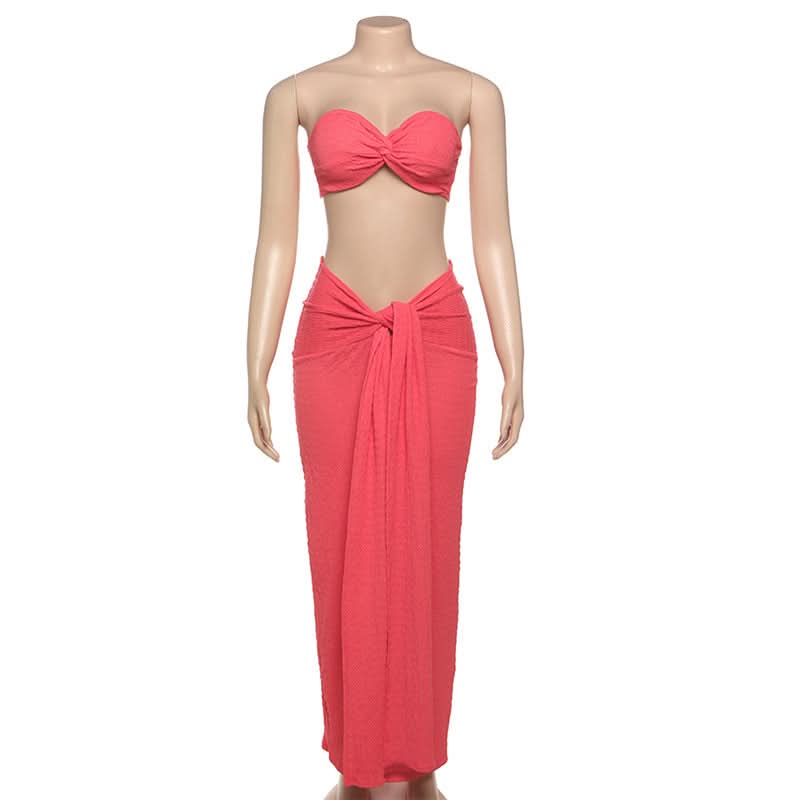 The 'Island Escape' Sunset Coral Textured Knot Two-Piece Set - Chic Bandeau Crop Top & Maxi Skirt for Fall Getaways