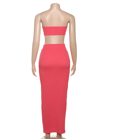 The 'Island Escape' Sunset Coral Textured Knot Two-Piece Set - Chic Bandeau Crop Top & Maxi Skirt for Fall Getaways