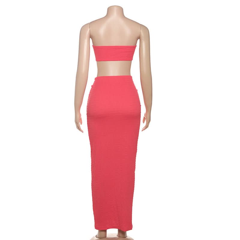 The 'Island Escape' Sunset Coral Textured Knot Two-Piece Set - Chic Bandeau Crop Top & Maxi Skirt for Fall Getaways