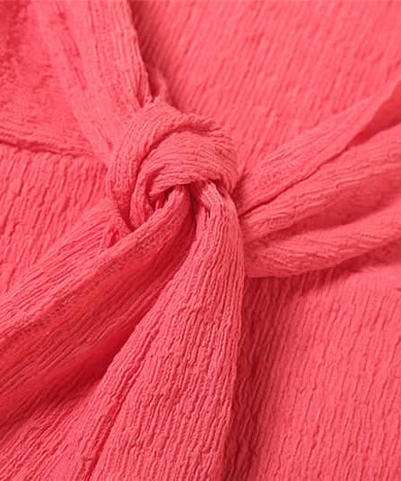 The 'Island Escape' Sunset Coral Textured Knot Two-Piece Set - Chic Bandeau Crop Top & Maxi Skirt for Fall Getaways