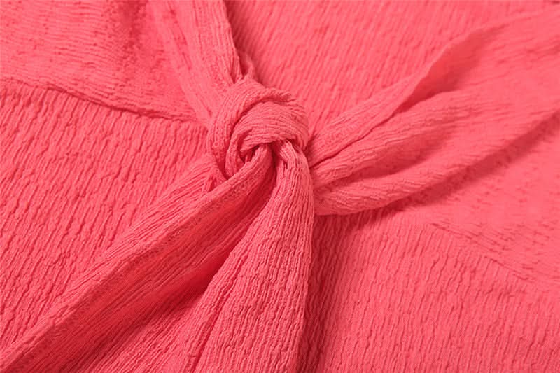 The 'Island Escape' Sunset Coral Textured Knot Two-Piece Set - Chic Bandeau Crop Top & Maxi Skirt for Fall Getaways