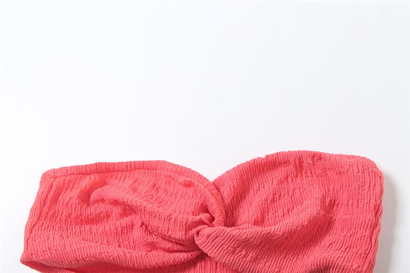 The 'Island Escape' Sunset Coral Textured Knot Two-Piece Set - Chic Bandeau Crop Top & Maxi Skirt for Fall Getaways