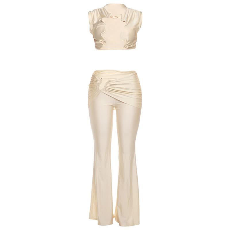 Effortless Chic Ruched Two-Piece Set: Crop Top & Flared Pants - Your Fall & Holiday Statement