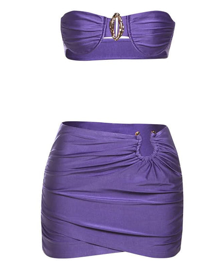 Daring Violet Ruched Two-Piece Set: Strapless Bandeau Top & Mini Skirt for Fall Parties & Tropical Getaways