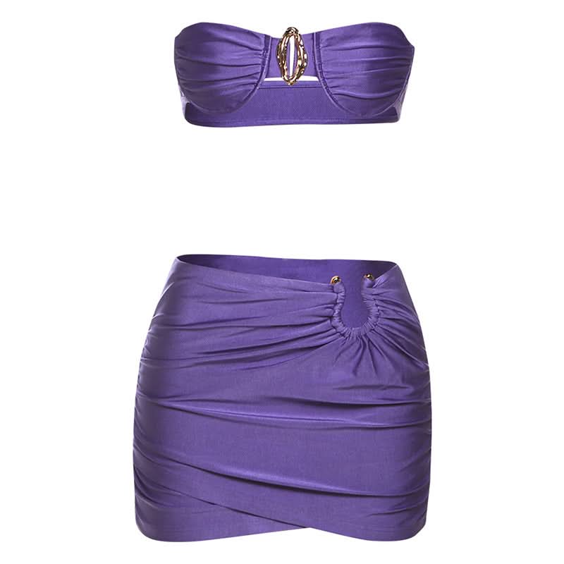 Daring Violet Ruched Two-Piece Set: Strapless Bandeau Top & Mini Skirt for Fall Parties & Tropical Getaways