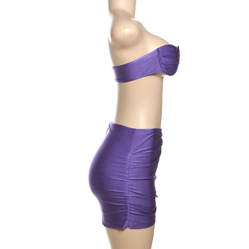 Daring Violet Ruched Two-Piece Set: Strapless Bandeau Top & Mini Skirt for Fall Parties & Tropical Getaways