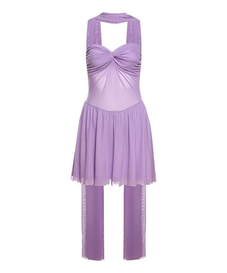 Lavender Dreams: Y2K Mesh Halter Mini Dress & Sheer Leggings Set - Fall Party & Rave Ready
