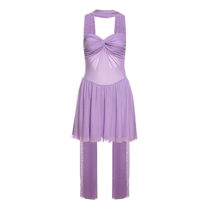 Lavender Dreams: Y2K Mesh Halter Mini Dress & Sheer Leggings Set - Fall Party & Rave Ready