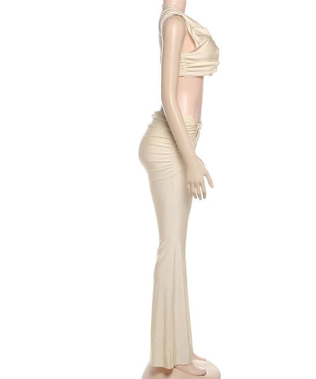 Effortless Chic Ruched Two-Piece Set: Crop Top & Flared Pants - Your Fall & Holiday Statement