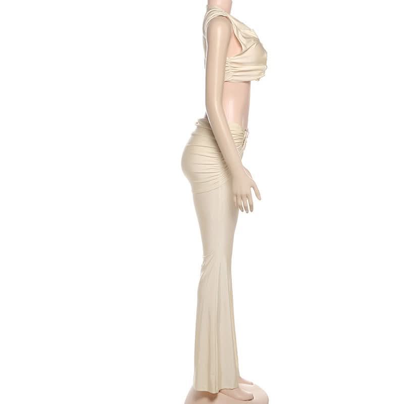 Effortless Chic Ruched Two-Piece Set: Crop Top & Flared Pants - Your Fall & Holiday Statement