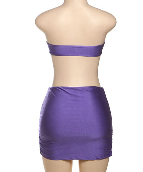 Daring Violet Ruched Two-Piece Set: Strapless Bandeau Top & Mini Skirt for Fall Parties & Tropical Getaways