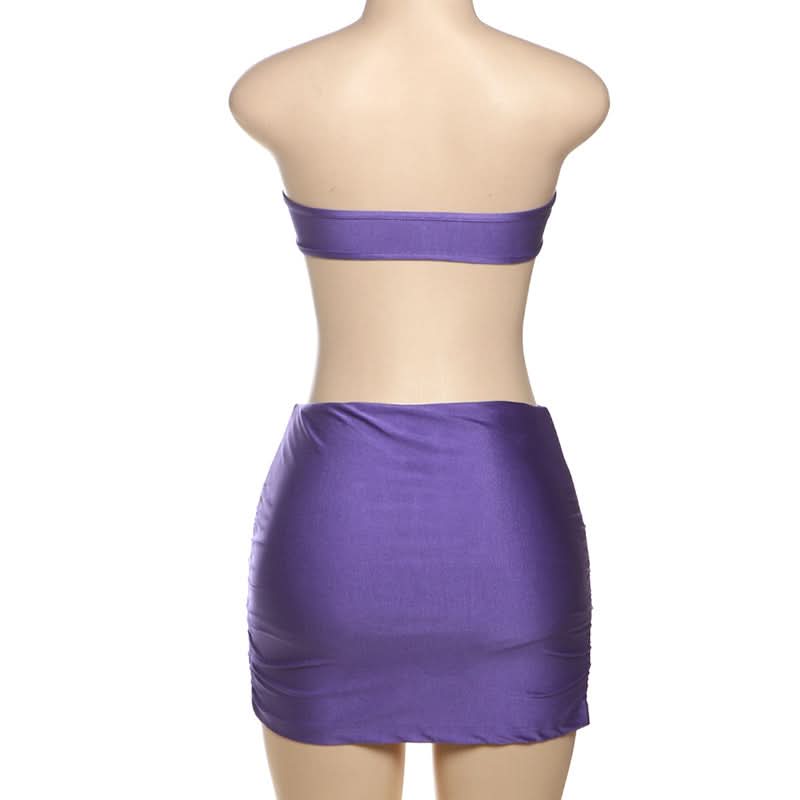 Daring Violet Ruched Two-Piece Set: Strapless Bandeau Top & Mini Skirt for Fall Parties & Tropical Getaways