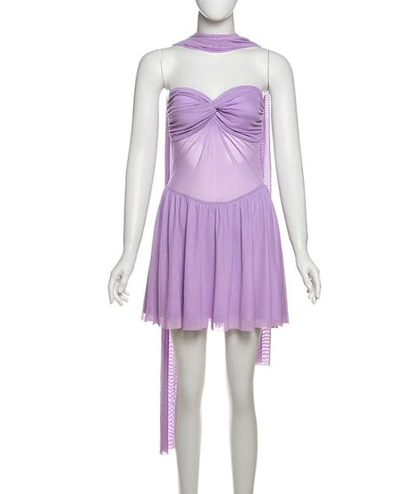 Lavender Dreams: Y2K Mesh Halter Mini Dress & Sheer Leggings Set - Fall Party & Rave Ready