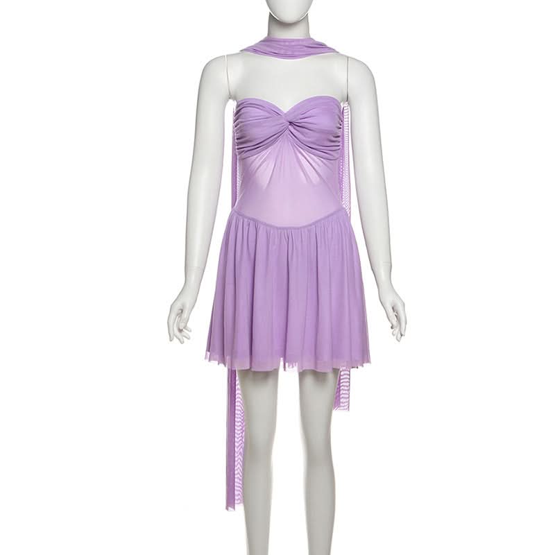Lavender Dreams: Y2K Mesh Halter Mini Dress & Sheer Leggings Set - Fall Party & Rave Ready