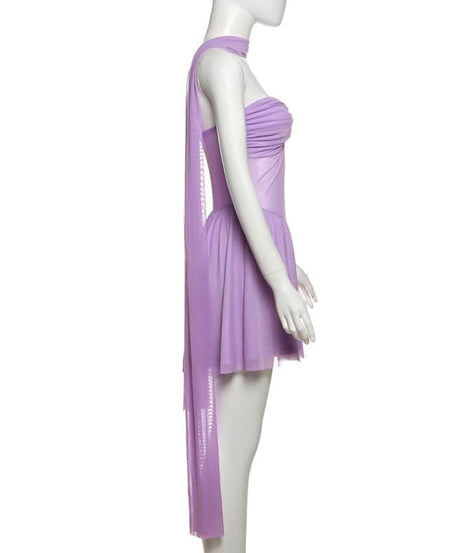 Lavender Dreams: Y2K Mesh Halter Mini Dress & Sheer Leggings Set - Fall Party & Rave Ready