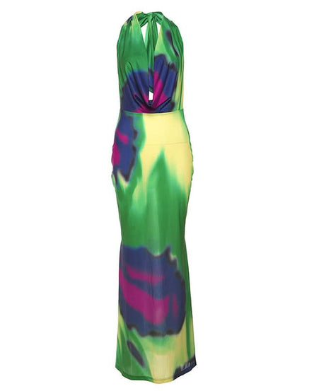 Vibrant Abstract Halter Cowl Neck Maxi Dress - Chic Self-Tie Gown for Resort & Fall Getaways