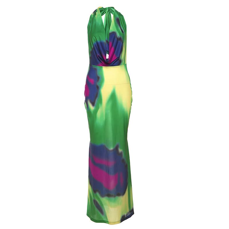 Vibrant Abstract Halter Cowl Neck Maxi Dress - Chic Self-Tie Gown for Resort & Fall Getaways
