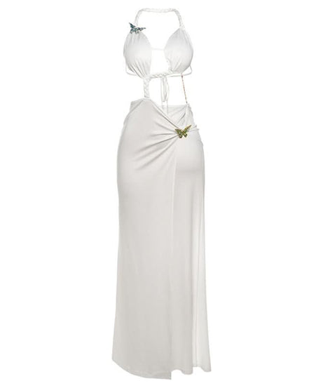 Glamorous White Butterfly Halter Cutout Maxi Dress | High Slit Resort & Holiday Gown