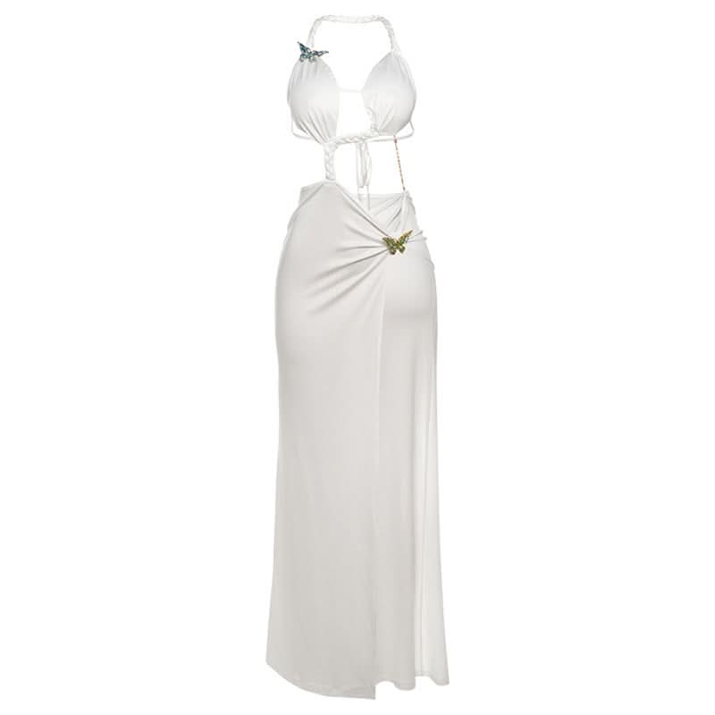 Glamorous White Butterfly Halter Cutout Maxi Dress | High Slit Resort & Holiday Gown