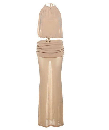 Holiday Escape: Chic Nude Halter Ruched Crop Top & Sheer Maxi Skirt Set