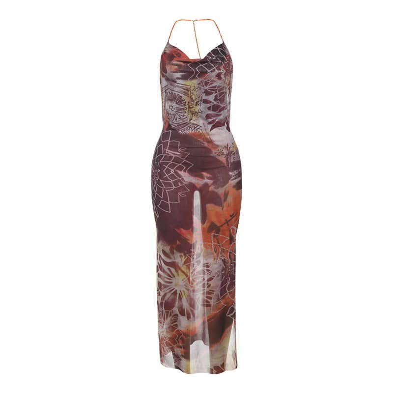 Effortless Chic Boho Print Cowl Neck Halter Maxi Dress with Slit - Fall Hues & Delicate Chain Detail