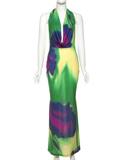 Vibrant Abstract Halter Cowl Neck Maxi Dress - Chic Self-Tie Gown for Resort & Fall Getaways